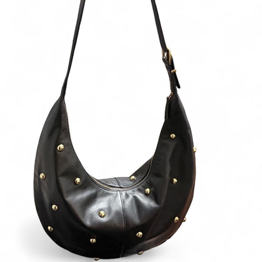 Madewell Women Large Purse Essential Curve Black Leather Studded Shoulder Hobo - Picture 3 of 8